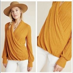 Anthropologie Mustard Yellow Ribbed V-Neck Wrap Sweater